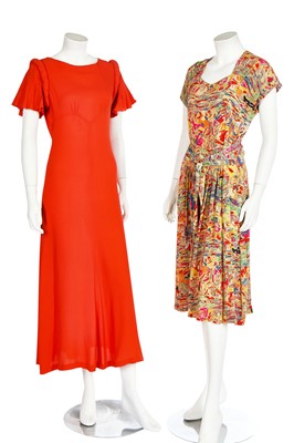 Lot 205 - Eight dresses, mainly in shades of burnt-orange and black, 1940s