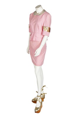 Lot 110 - A Vivienne Westwood pink gingham cotton two-piece ensemble with gilt 'frame' stencilling, 'Civilizade' collection, Spring-Summer 1989