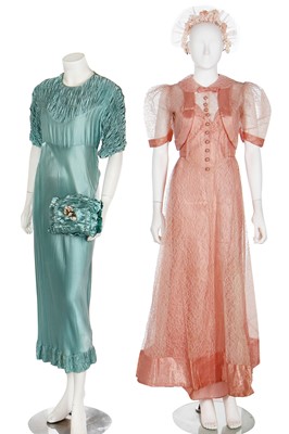 Lot 207 - Ten evening or garden party gowns in mainly pastel shades, 1930s-early 1950s