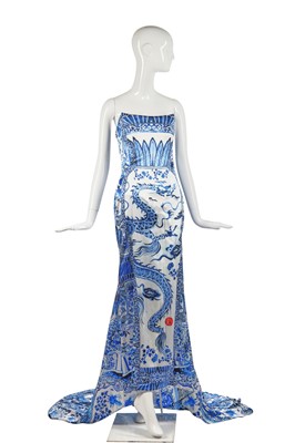 Lot 437 - A Roberto Cavalli 'Chinese' blue and white satin sheath, Autumn-Winter 2005-06
