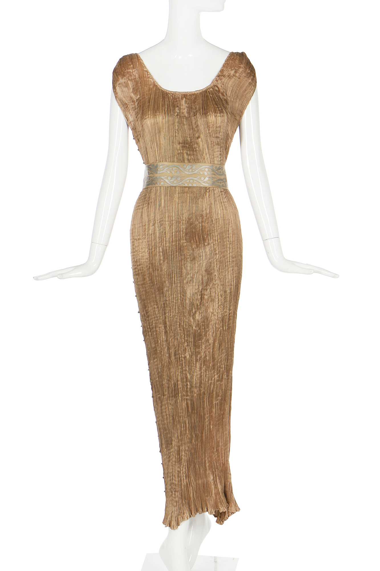 Lot 58 - A Mariano Fortuny pale-gold pleated silk Delphos gown, 1920-30
