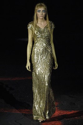 Lot 228 - A fine Alexander McQueen gold embroidered and sequined evening dress, 'In Memory of Elizabeth Howe, Salem 1692' or 'Witches of Salem' collection, Autumn-Winter 2007