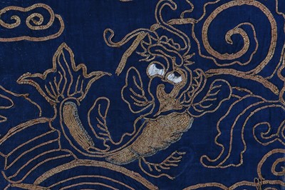 Lot 261 - An embroidered blue silk Dragon robe, Jifu, Chinese, 1900-early 20th century