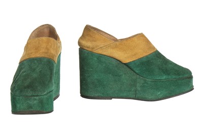 Lot 125 - A rare pair of Biba two-tone suede wedge-heeled shoes, 1970s