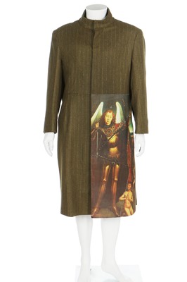 Lot 219 - An Alexander McQueen men's pinstriped green wool coat, 'It's a Jungle Out There' collection, Autumn-Winter 1997