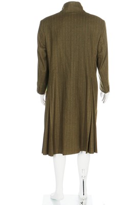 Lot 219 - An Alexander McQueen men's pinstriped green wool coat, 'It's a Jungle Out There' collection, Autumn-Winter 1997