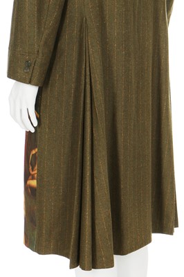Lot 219 - An Alexander McQueen men's pinstriped green wool coat, 'It's a Jungle Out There' collection, Autumn-Winter 1997