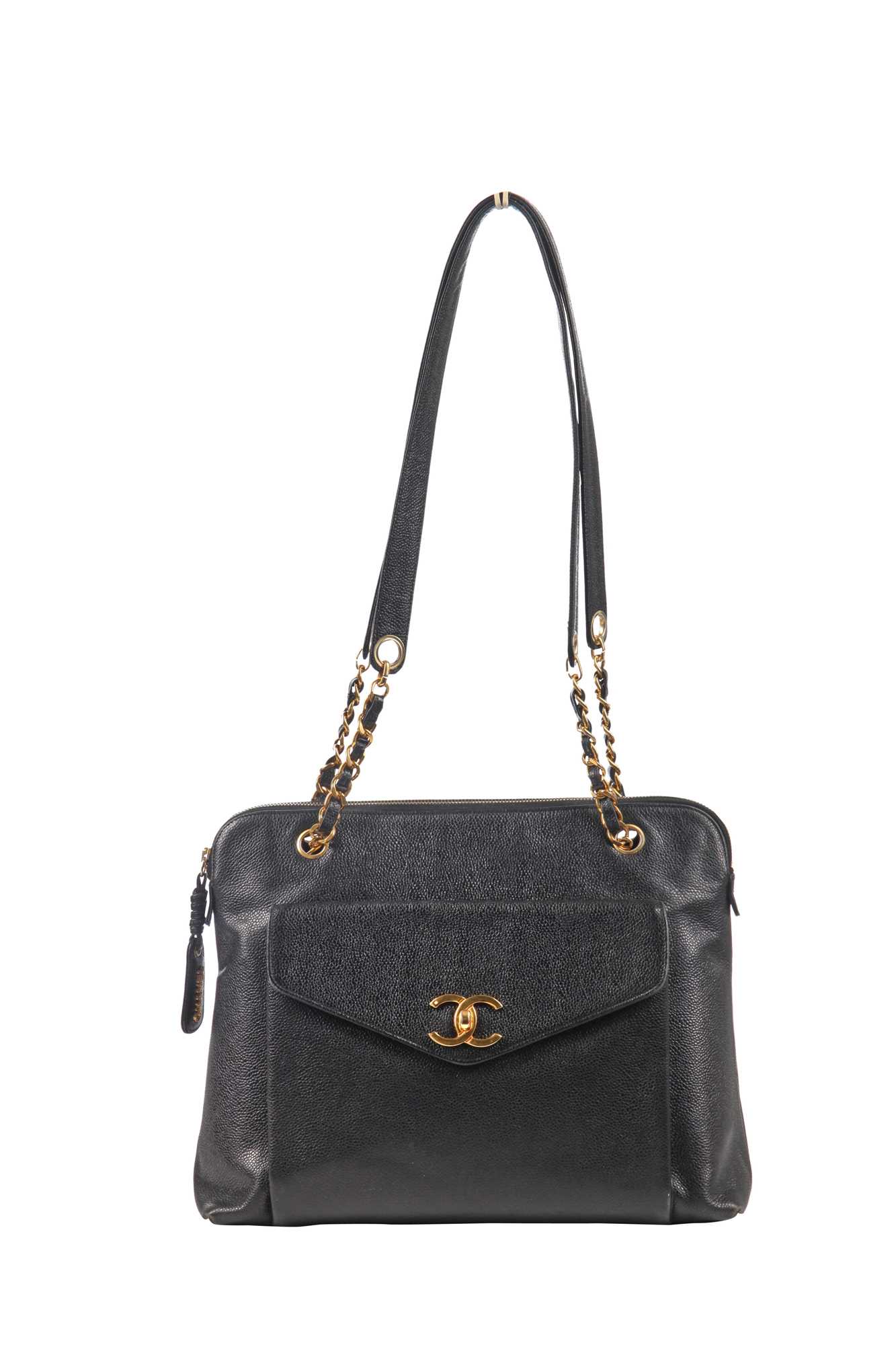 Lot 8 - A Chanel black caviar leather handbag with envelope pocket to front, 1990s