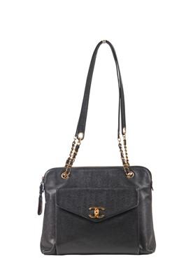Lot 8 - A Chanel black caviar leather handbag with envelope pocket to front, 1990s