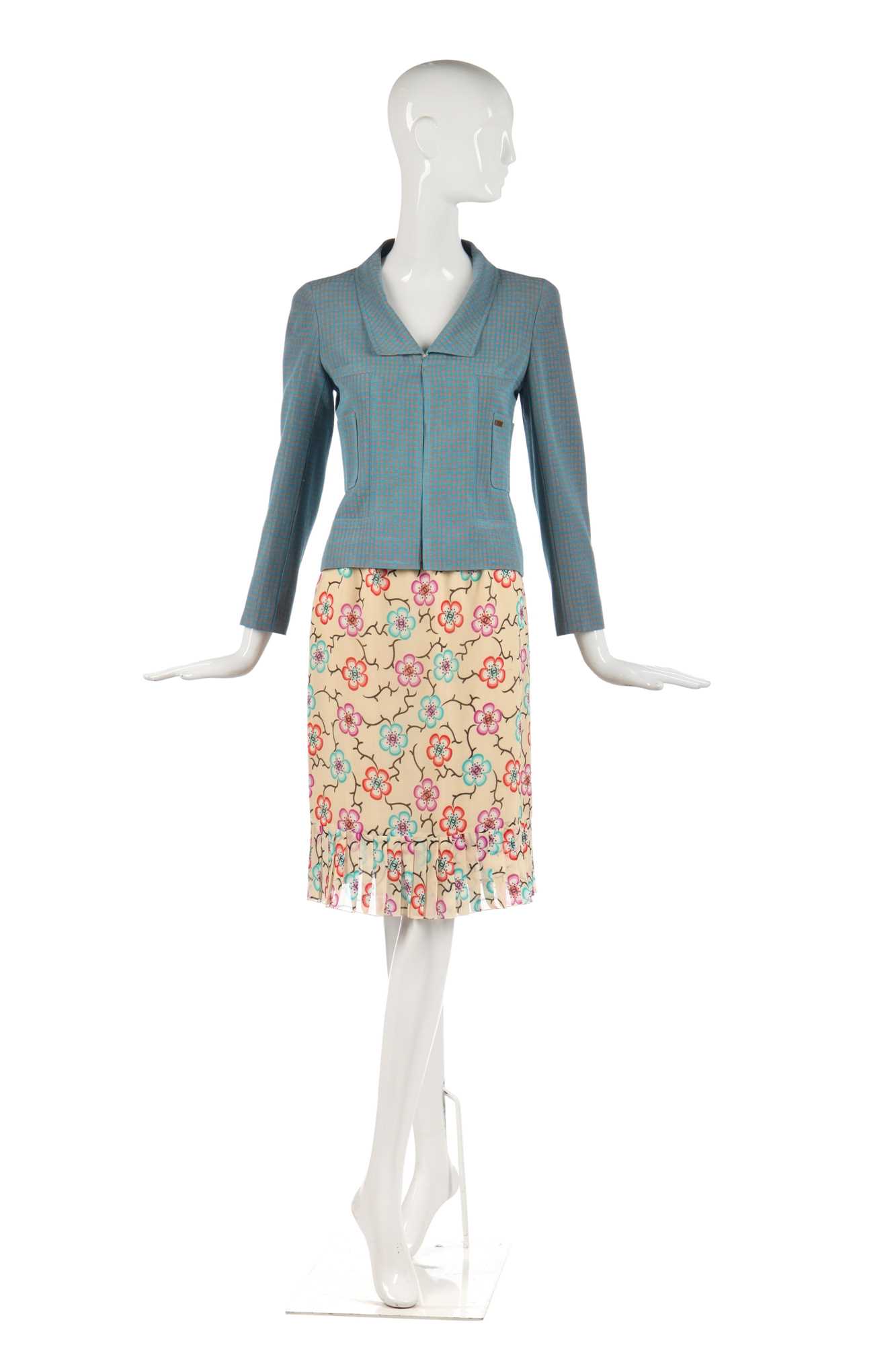 Lot 23 - A Chanel printed chiffon and checked cotton ensemble, early 2000s