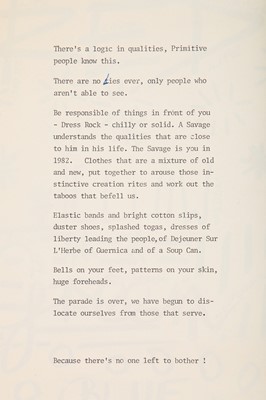 Lot 359 - Westwood/McLaren printed show notes for 'Savage', Spring-Summer 1982