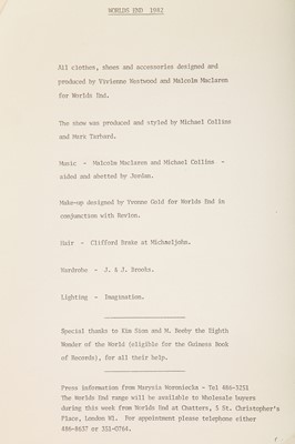 Lot 359 - Westwood/McLaren printed show notes for 'Savage', Spring-Summer 1982