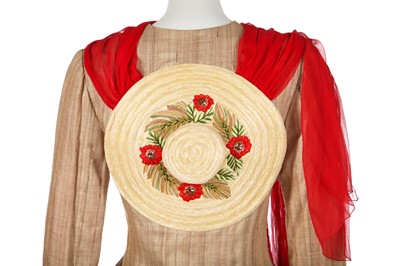 Lot 177 - A raw-silk-linen jacket appliquéd with three-dimensional straw sun-hats, 1988