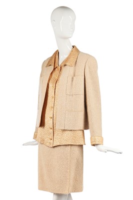 Lot 21 - A Chanel bouclé wool and apricot-gold lamé three-piece ensemble, Autumn-Winter 1996-97