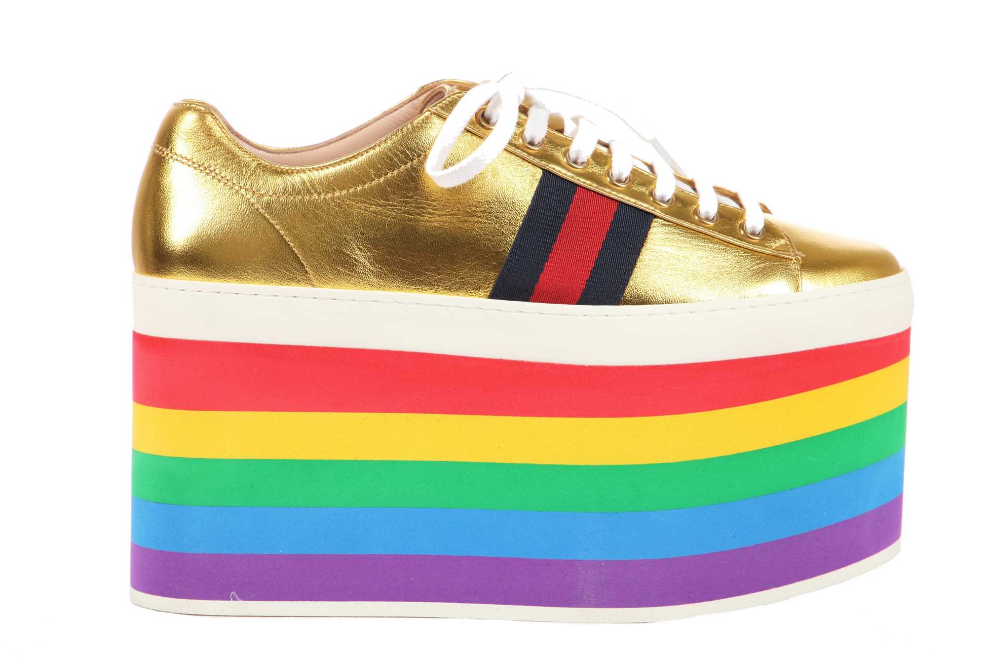 Lot 100 - A pair of Gucci gold leather trainers with rainbow foam platform soles, Resort 2017 collection