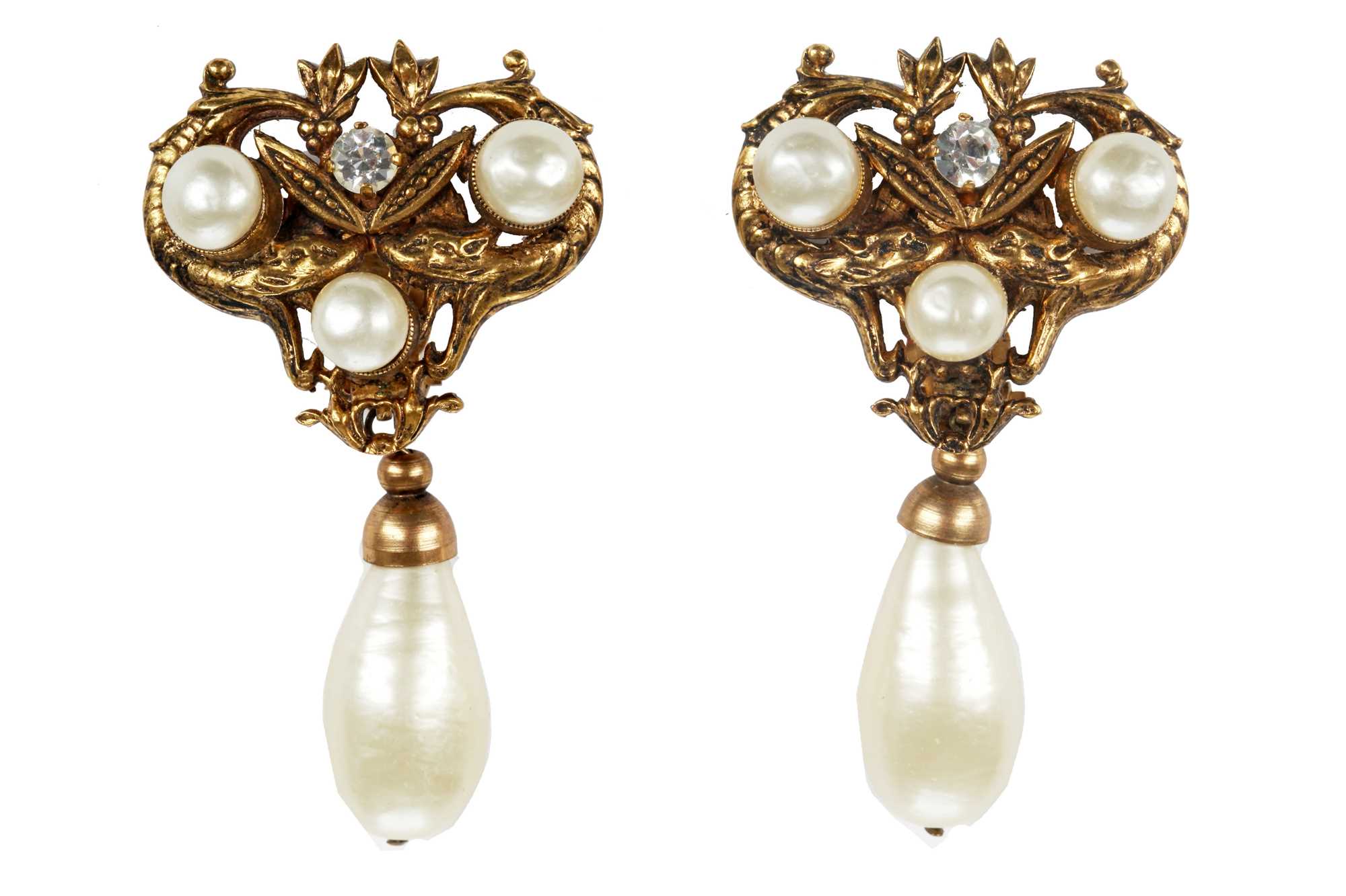 Lot 35 - A pair of Chanel pearl drop filigree earrings, 1983