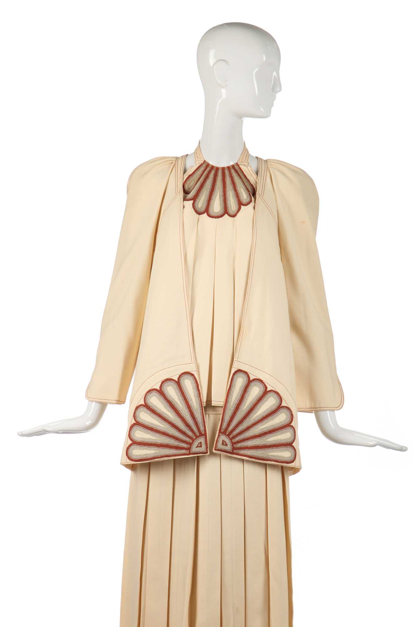 Lot 328 - A Bill Gibb embroidered ivory wool three-piece ensemble, circa 1974