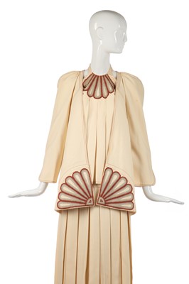 Lot 328 - A Bill Gibb embroidered ivory wool three-piece ensemble, circa 1974
