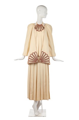 Lot 328 - A Bill Gibb embroidered ivory wool three-piece ensemble, circa 1974