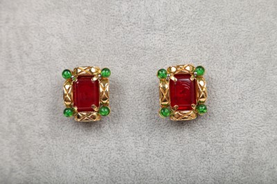 Lot 24 - A pair of Chanel earrings with central glass 'rubies', circa 1986