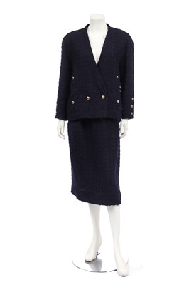 Lot 33 - A Chanel navy blue mohair tweed suit, 1980s