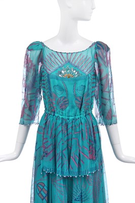 Lot 176 - A Zandra Rhodes printed teal chiffon dress, circa 1983