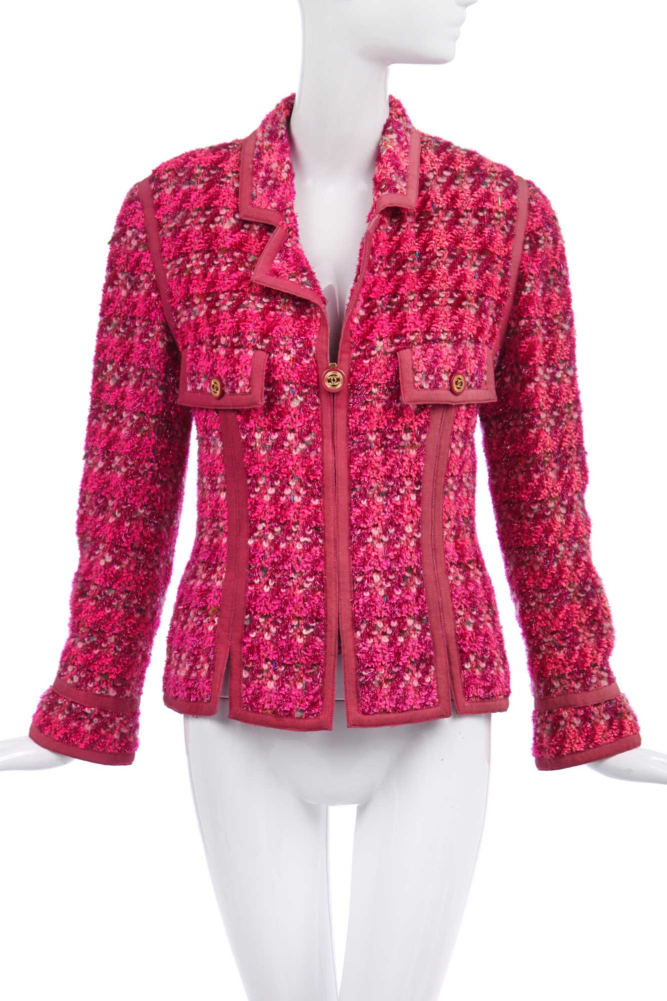 Lot 19 - A Chanel shocking-pink tinsel-flecked fantasy tweed jacket, Autumn-Winter 1991-92