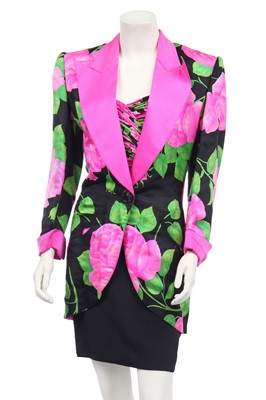 Lot 248 - A Jean-Louis Scherrer rose-printed silk cocktail ensemble, 1980s