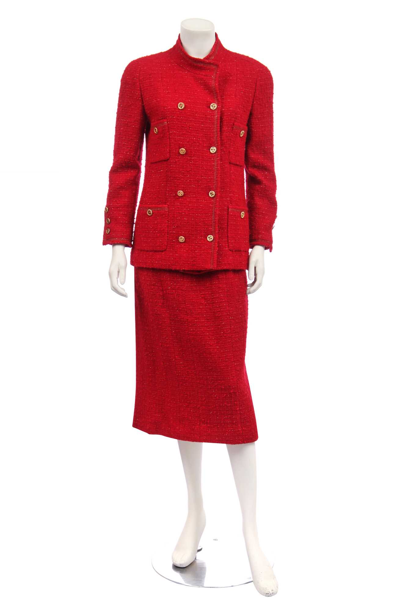 Lot 32 - A Chanel red bouclé wool suit, Autumn-Winter 1983-84