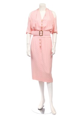 Lot 43 - A Chanel polka-dot printed pink crêpe dress, 1980s