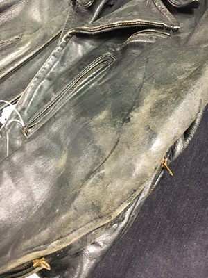 Lot 77 - Jordan's well-worn vintage black leather jacket with heart padlock attached to zip pull