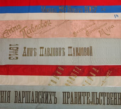 Lot 301 - A group of bouquet ribbons, presented to Anna Pavlova, Russian Empire, 1904 to 1914