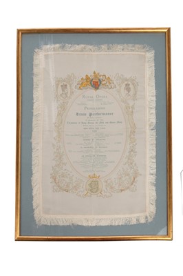 Lot 345 - A framed printed satin programme, the Coronation Gala of King George V and Queen Mary, 1911