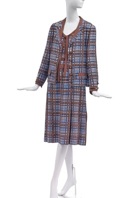 Lot 13 - A Chanel couture printed check silk two-piece ensemble, 1970s