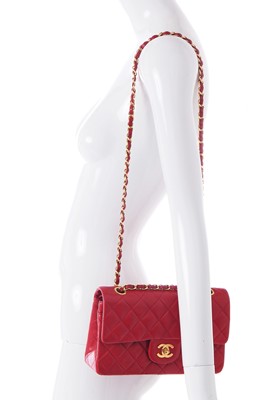 Lot 2 - A Chanel quilted red lambskin leather classic double-flap bag, 1991-94