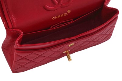 Lot 2 - A Chanel quilted red lambskin leather classic double-flap bag, 1991-94