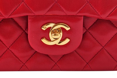 Lot 2 - A Chanel quilted red lambskin leather classic double-flap bag, 1991-94