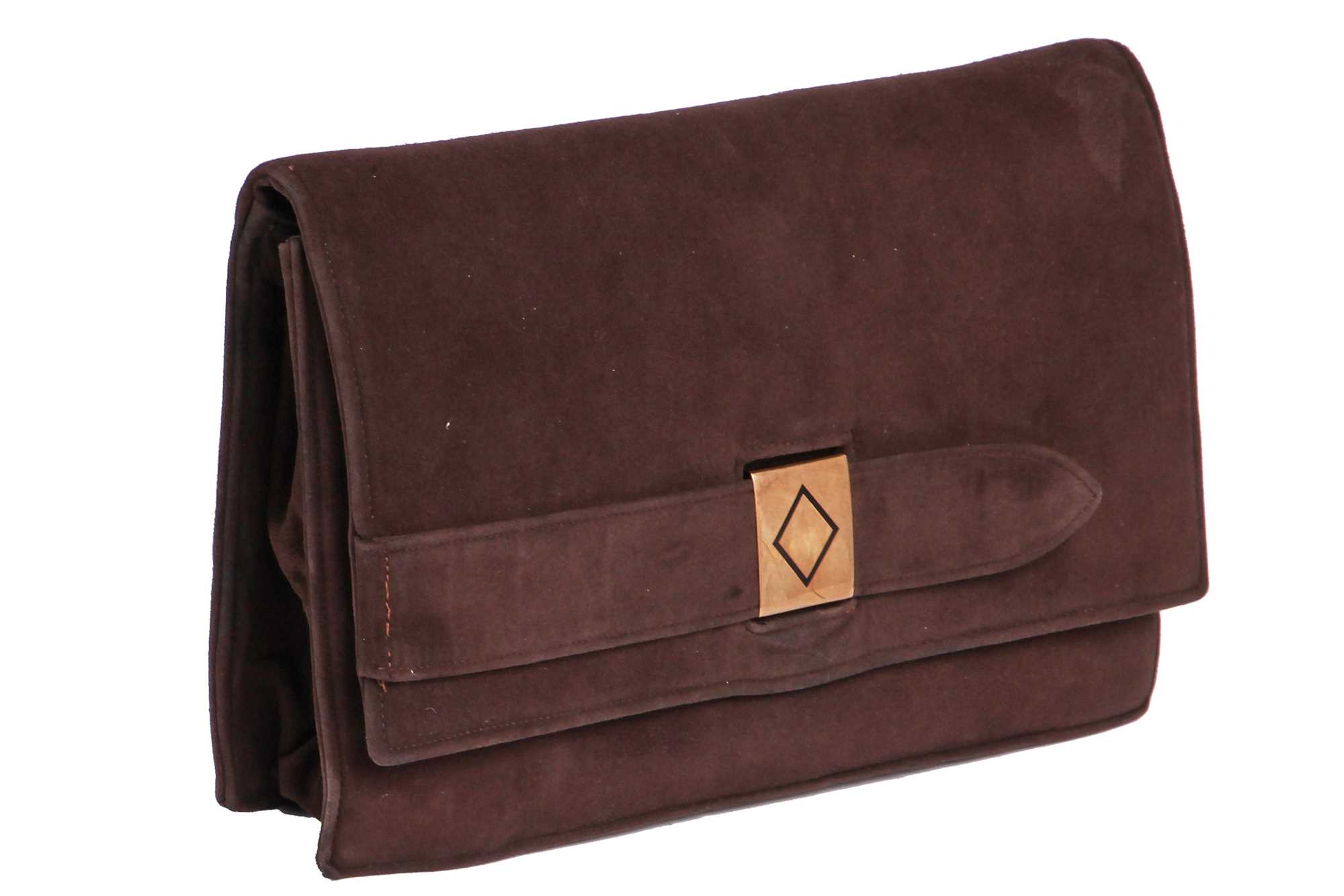 Lot 66 - A Cartier brown suede clutch with 9K gold clasp, 1930s
