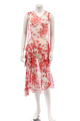 Lot 391 - A red and white floral printed chiffon garden party dress, early 1930s