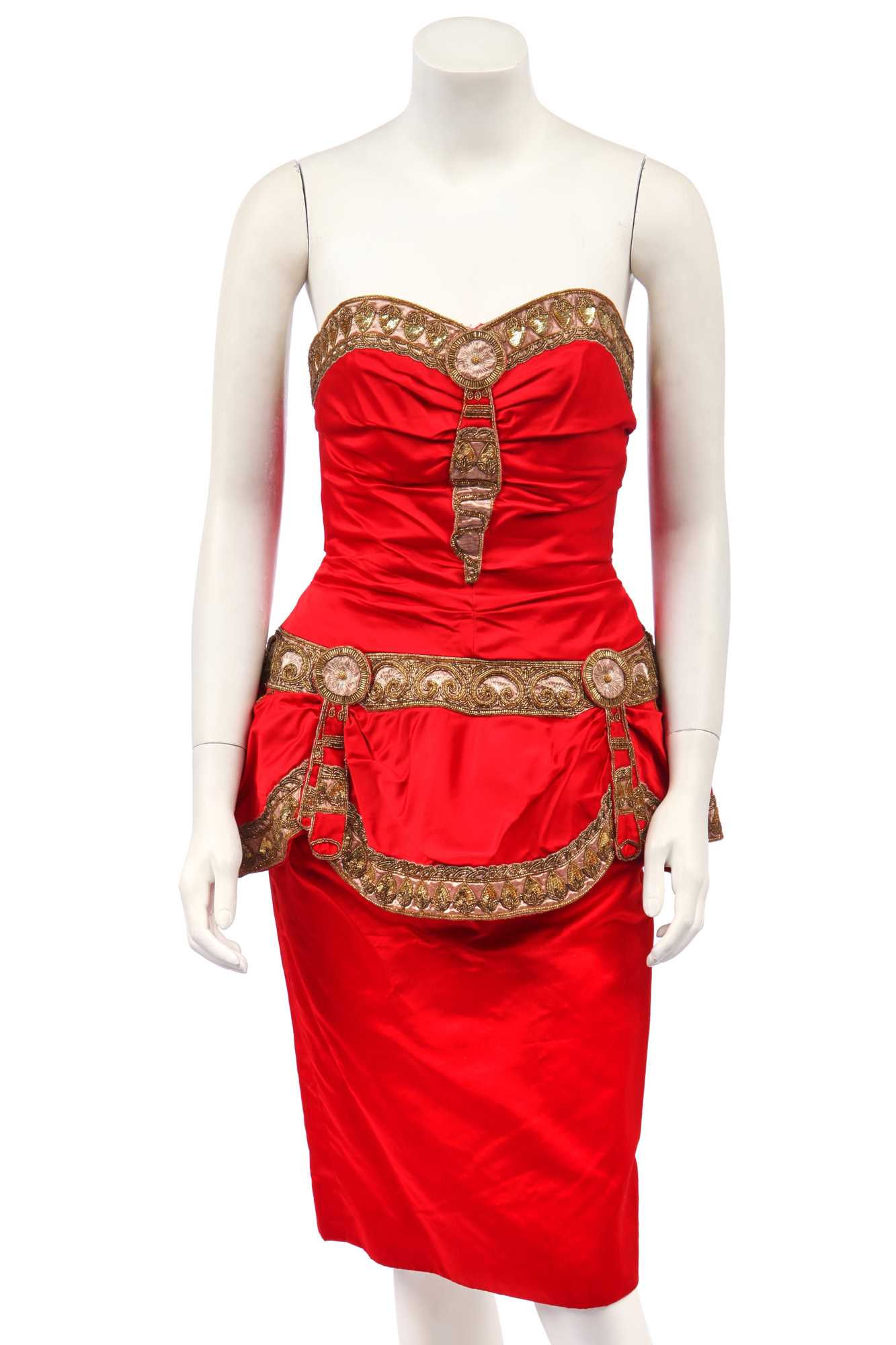 Lot 25 - A red satin cocktail dress in the style of Chanel, probably late 1980s