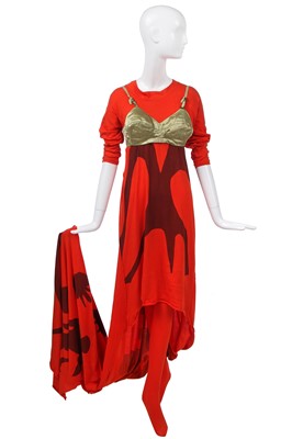 Lot 13 - A Westwood/McLaren orange toga dress and bra, 'Nostalgia of Mud' (Buffalo) collection, Autumn-Winter, 1982-3