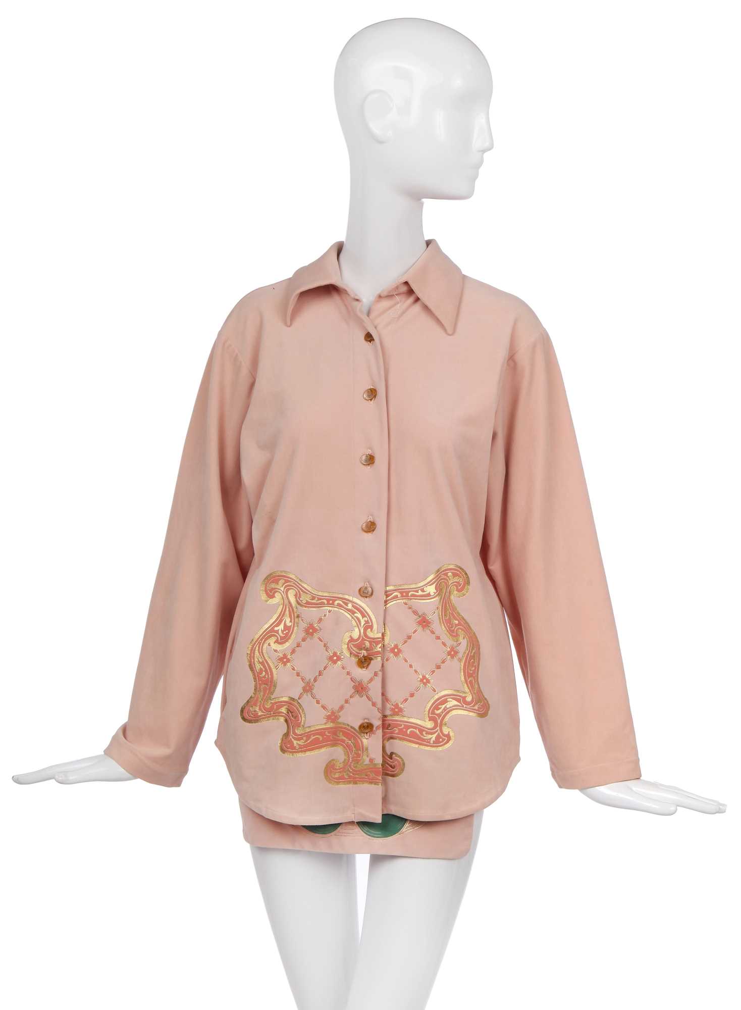 Lot 33 - A Vivienne Westwood printed pink suedette ensemble, 'Pagan V' collection,  Spring-Summer, 1990