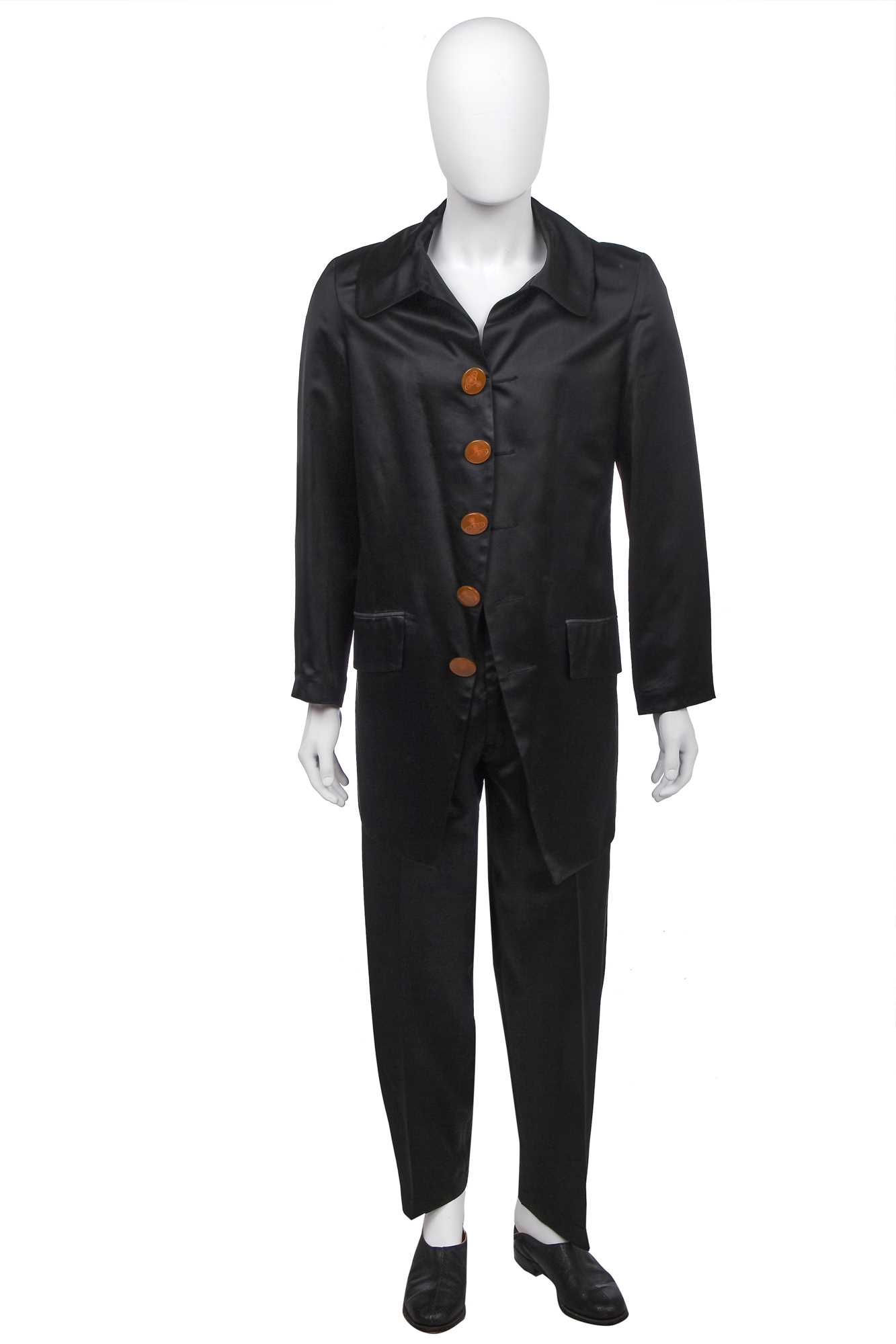 Lot 42 - A Vivienne Westwood men's black satin trouser suit, 'Cut, Slash & Pull', Spring-Summer, 1991
