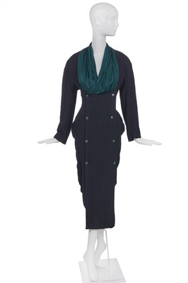 Lot 128 - A John Flett navy ribbed rayon double-breasted dress, 1980s