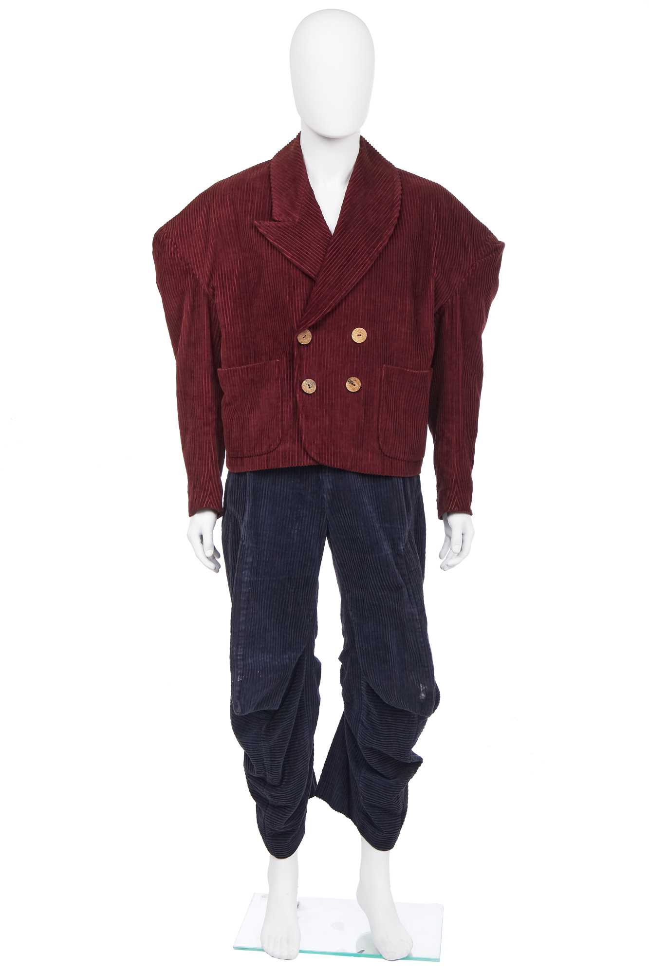 Lot 83 - A rare John Galliano jumbo cord ensemble, 'The Ludic Game' collection, Autumn-Winter, 1985-86