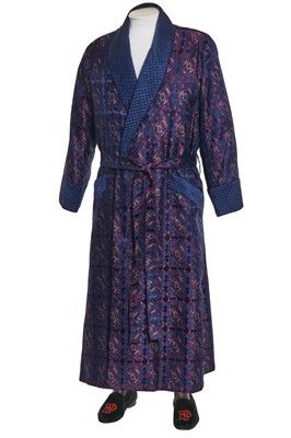 Lot 52 - David Suchet's art-deco style brocade dressing gown and slippers worn in the role of Hercule Poirot' in the TV series 'Poirot' 2003-2013