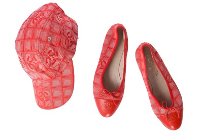 Lot 43 - A Chanel red canvas baseball cap and pair of matching ballet shoes, early 2000s