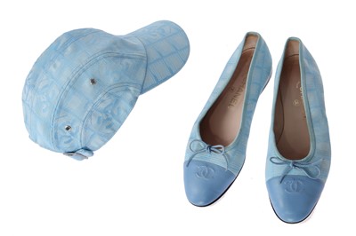 Lot 44 - A Chanel sky-blue canvas baseball cap and pair of matching ballet shoes, early 2000s
