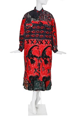 Lot 208 - Sue Clowes '999 Red Devil' printed cotton shirt-dress and skirt, Autumn-Winter 1985-86
