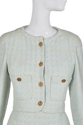 Lot 25 - A Chanel pastel blue and white houndstooth rayon-cotton suit, Spring-Summer 1993
